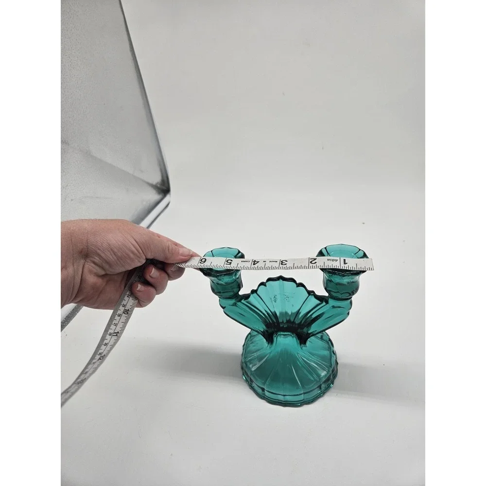 Vintage Jeanette Ultramarine Teal Glass Fan Double Candlestick Holder